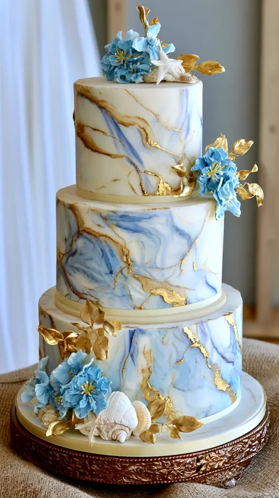 marble cake 3-tier, gold, blue, white