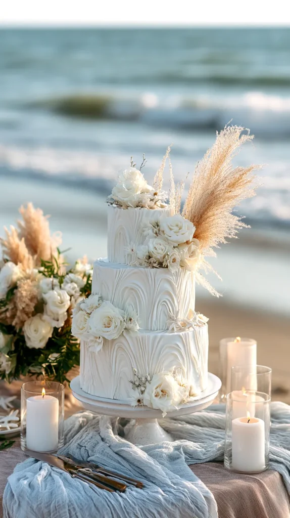 elegant white beach-themed wedding cake, set on an outdoor table at the beach, wedding