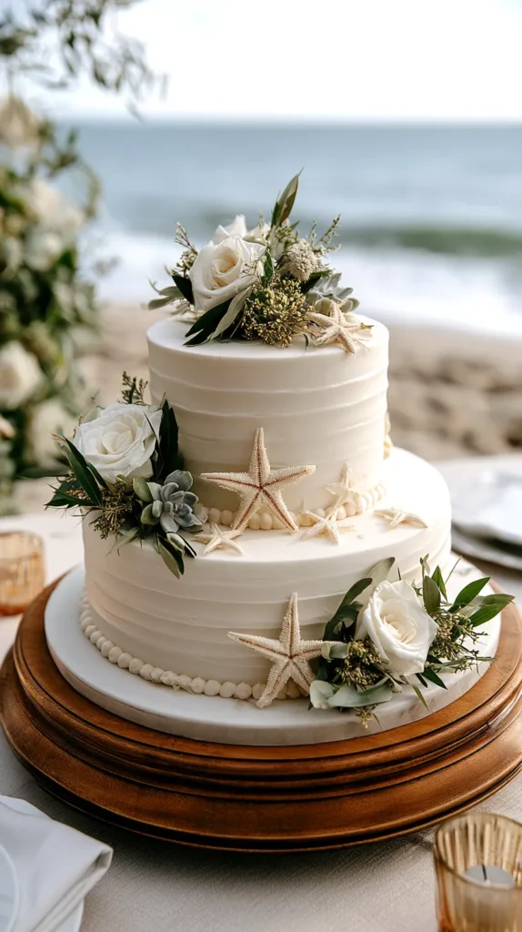 two-tier cake, outside, shells, starfish
