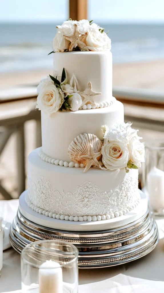 elegant white beach-themed wedding cake, set on an outdoor table at the beach, wedding