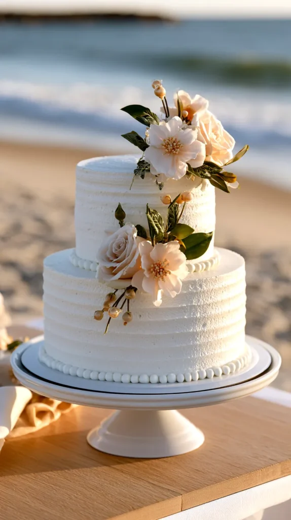 hyper-realistic photo of a simple two-tier white beach wedding cake with soft textured buttercream, decorated with a few pale blush flowers and tiny pearl details, displayed on a white cake stand on a light wood table, soft sandy beach in the background, ocean waves softly blurred, natural golden hour lighting, elegant coastal wedding style, budget-friendly but polished, airy romantic mood, no people, no text, no logos, no watermark