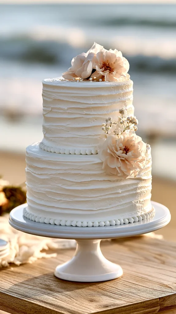 elegant white beach-themed wedding cake, set on an outdoor table at the beach, wedding