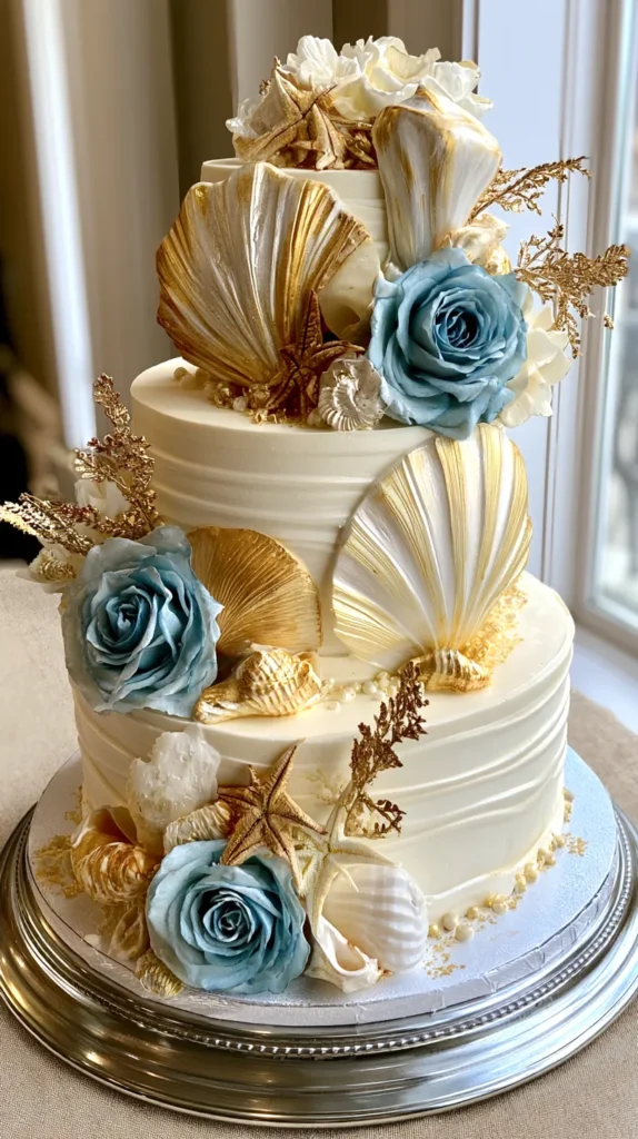 elegant beach-themed wedding cake, 3-tier