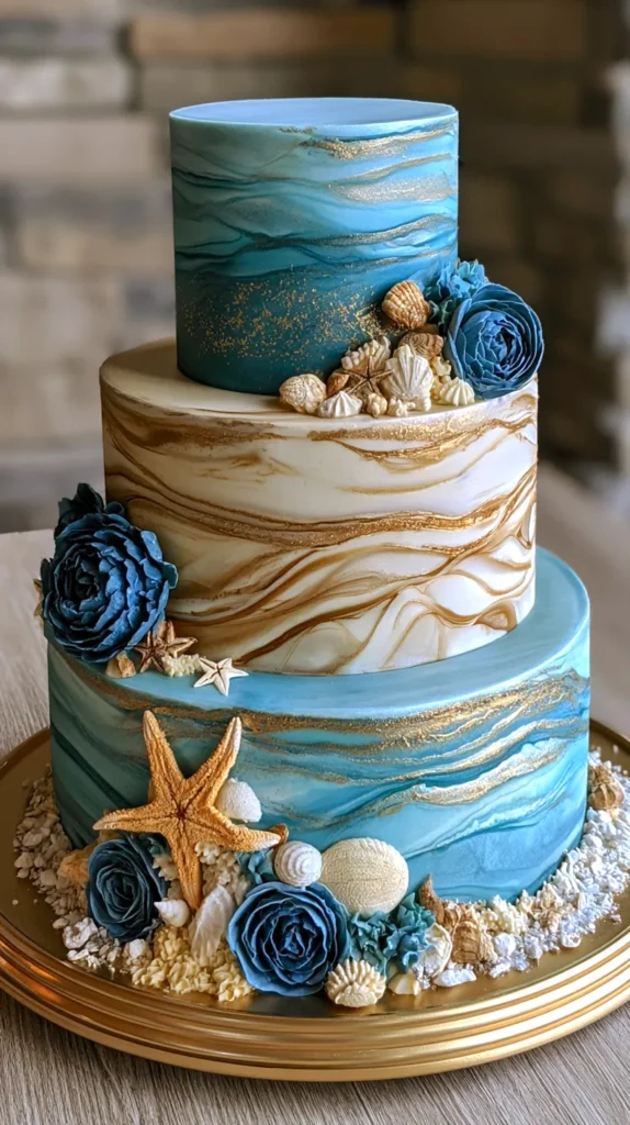 multi-tier, elegant beach-themed wedding cake