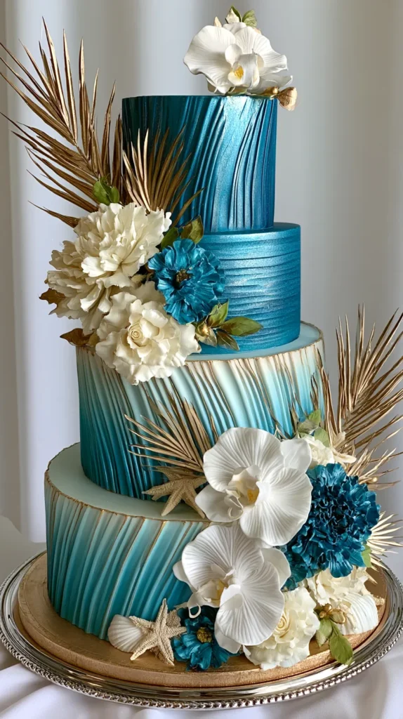 blue tiered cake with flowers