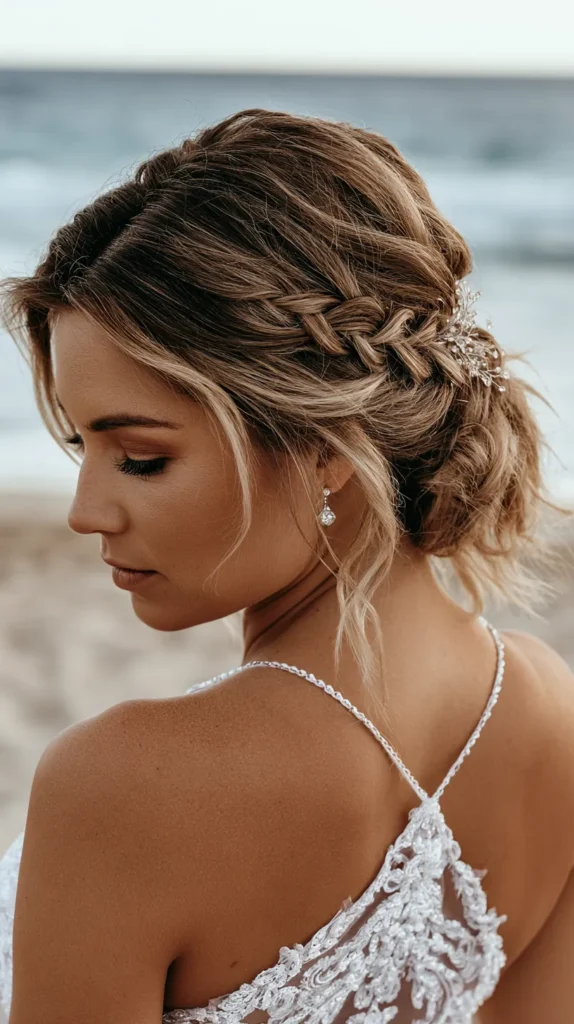 bride on the beach, close-up on her beach wedding hairstyle