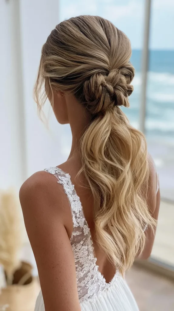 real photo of a bride in a wedding dress on the beach, semi-close-up of her back, on her beach wedding hairstyle, no text