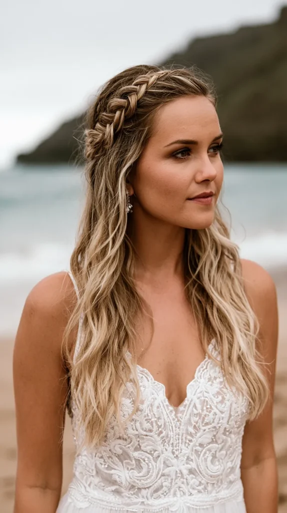 real photo of a bride on the beach, semi-close-up on her beach wedding, waterfall braid hairstyle, no text