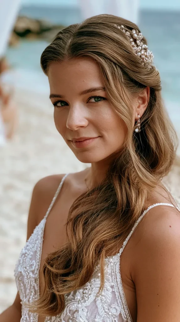 bride on the beach, semi-close-up on her beach wedding hairstyle, no text
