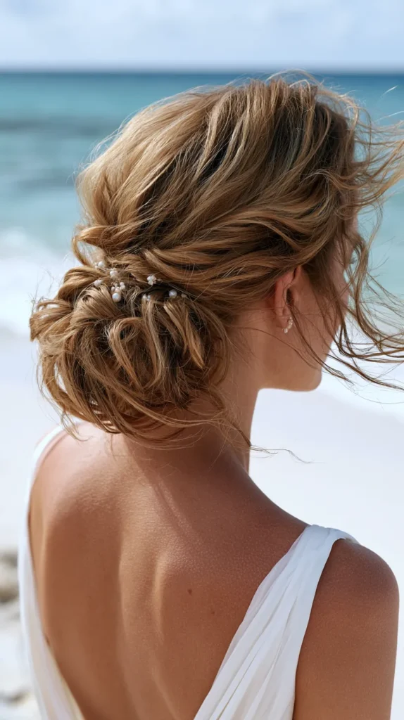 hyper-realistic photo of beach wedding hair in a soft low bun, loose face-framing tendrils, subtle pearl pins, back view only, no visible face, ocean backdrop, white sand, soft coastal breeze, natural texture, romantic and elegant, bright airy light, minimal shadows, realistic hair detail, editorial wedding photography, no text