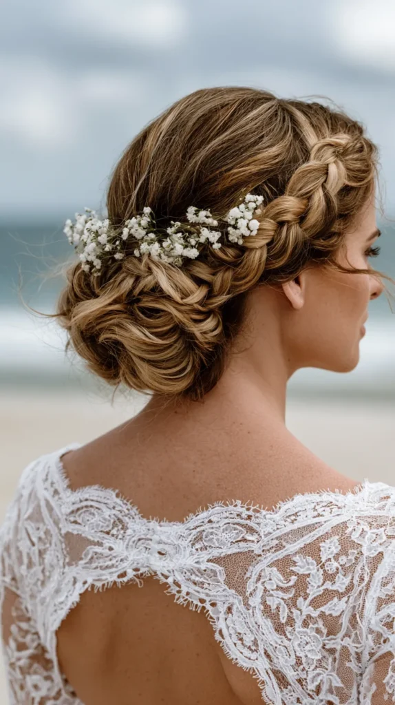 hyper-realistic photo of beach wedding hair in a low textured ponytail, soft waves, hair wrapped around the ponytail base, delicate pearl hair comb, back view only, no visible face, beachfront wedding setting, white sand and calm ocean, bright clean light, minimal shadows, natural movement, realistic hair shine and texture, refined but relaxed bridal look, no text