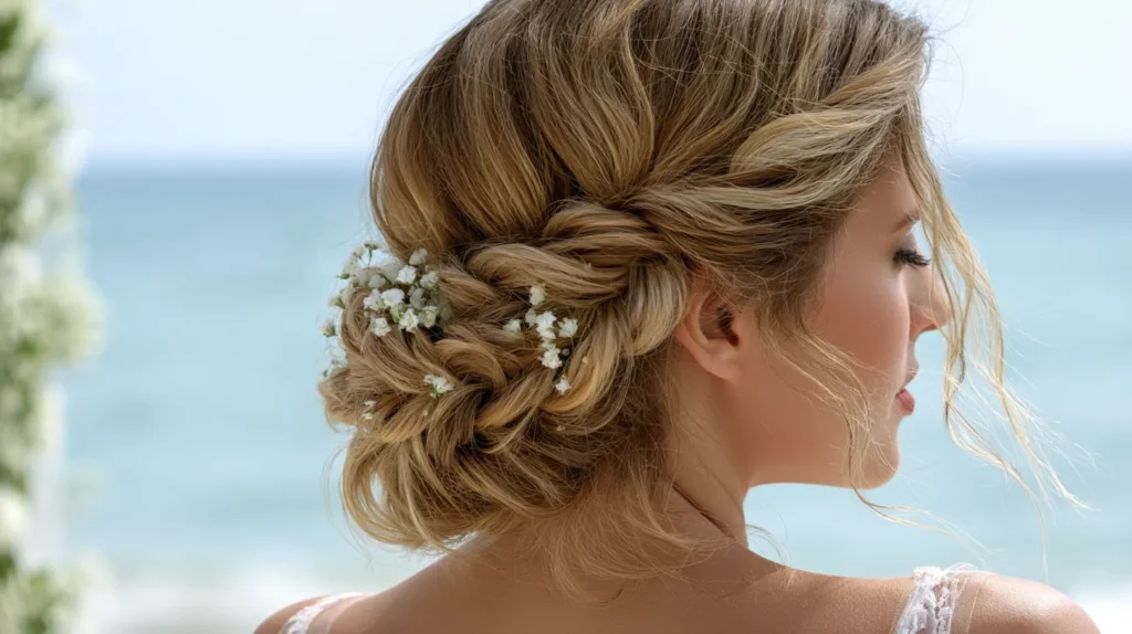 hyper-realistic photo of beach wedding hair with a braided crown updo, soft texture, slightly undone finish, tiny fresh white flowers tucked into the braid, back view only, no visible face, beach ceremony setting, soft sky, ocean in background, airy bright lighting, minimal shadows, realistic strands and detail, romantic coastal bridal style, no text