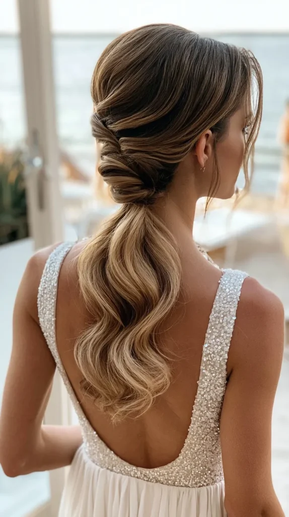 real photo of a bride in a wedding dress, outside on the beach, semi-close-up of her back, on her beach wedding hairstyle, no text