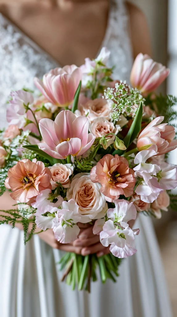 bride in a wedding dress, holding a grouping of flowers