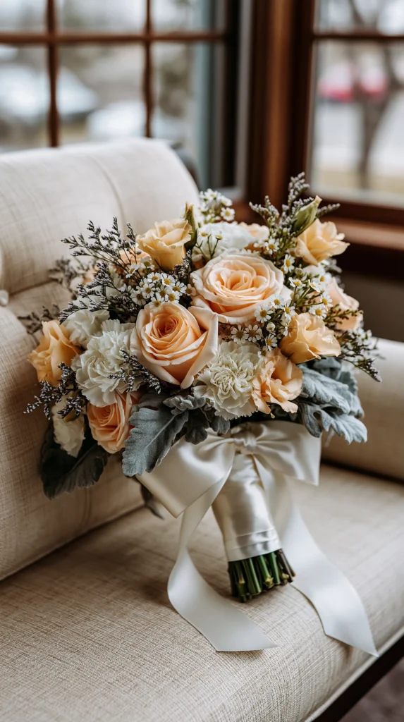flowers wrapped and resting on the couch