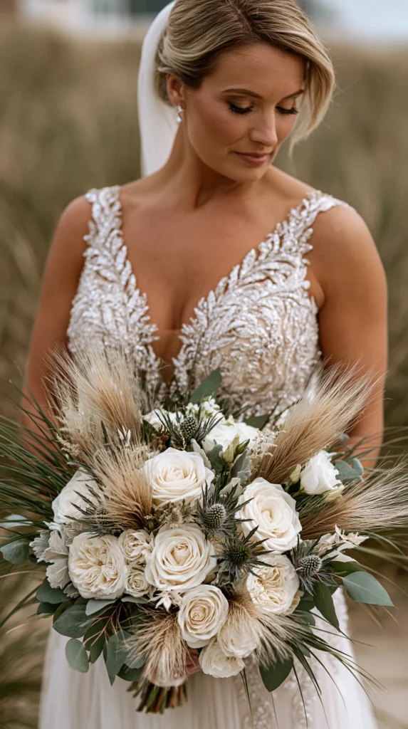 bride on the beach holding flowers