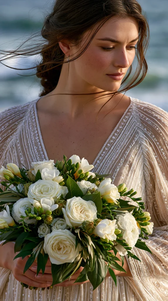 bride with a small grouping of flowers