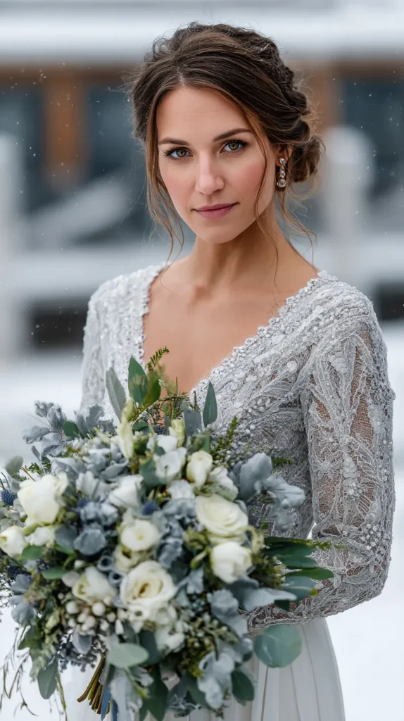 hyper-realisitc photo of a bride holding a winter bridal bouquet outside in the snow