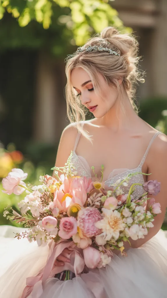 hyper-realisitc photo of a bride holding a spring bridal bouquet outside in the garden