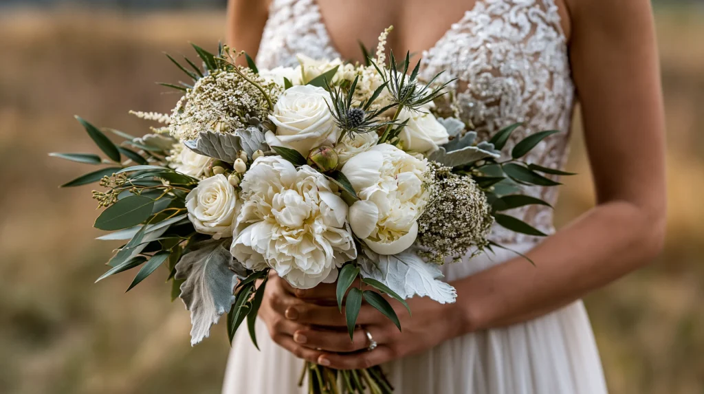 hyper-realisitc photo of a bride holding a bridal bouquet