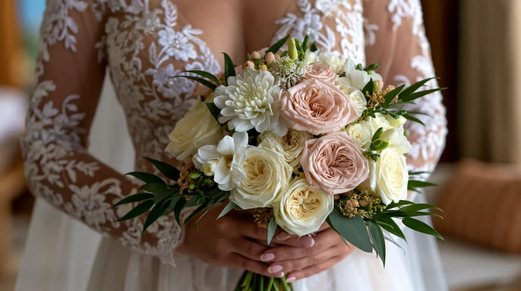 hyper-realisitc photo of a bridal bouquet, bride holding the bouquet