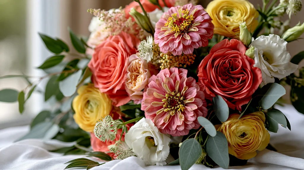 bright colored flowers laying down in a group