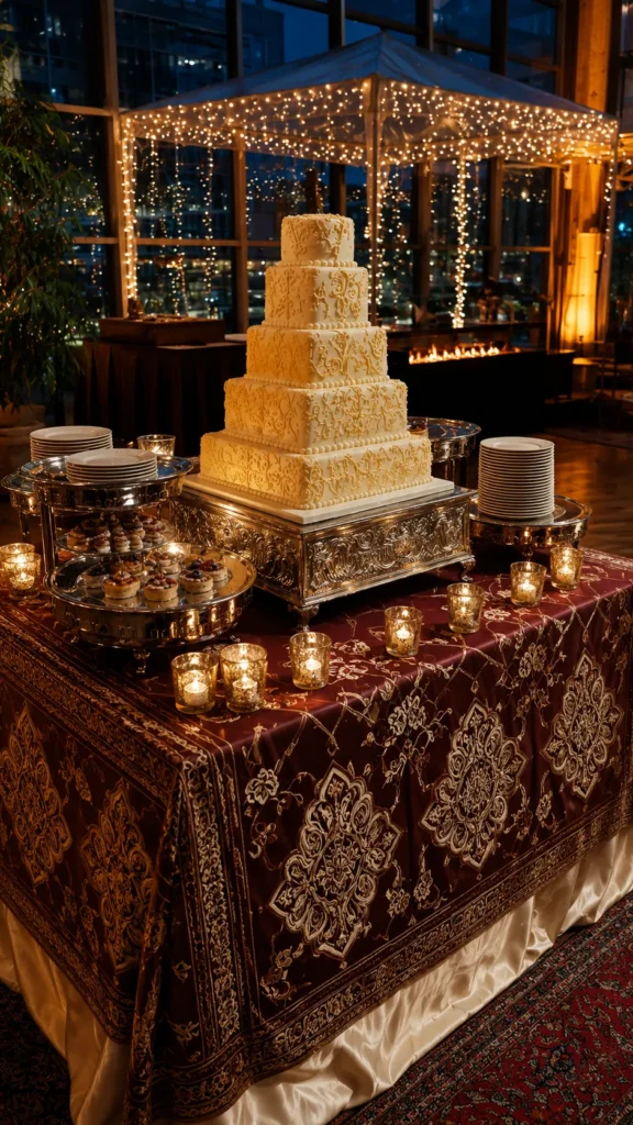 modern square tiered cake, outdoor event
