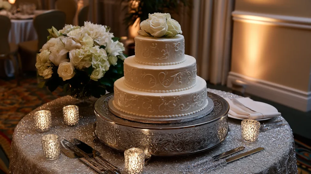 evening, low light, candles, tiered-cake, silver stand
