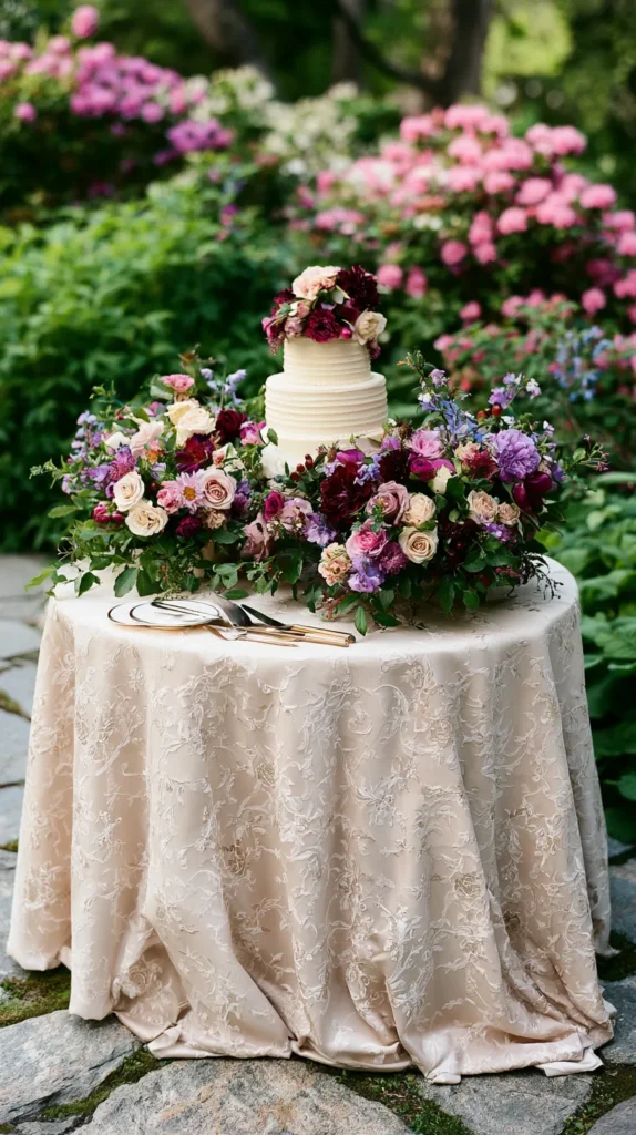 outdoor table, flowers, cake, garden