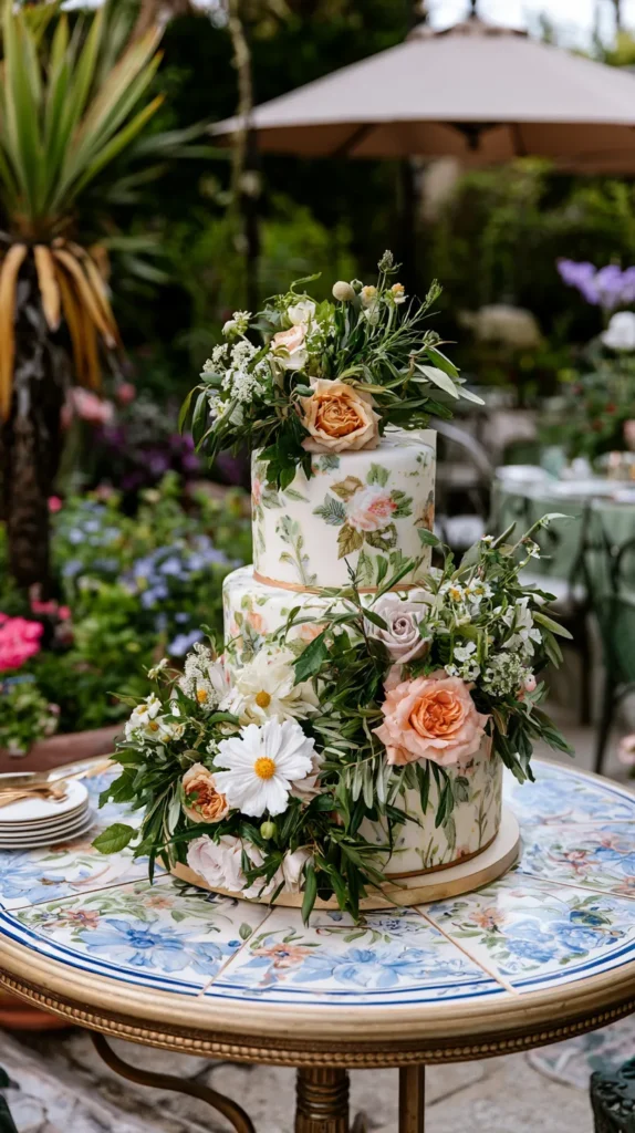 floral cake, outdoor mosaic table 