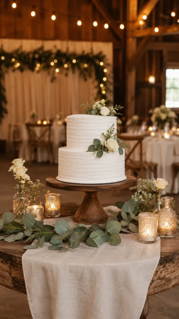 Rustic wedding cake table decorations, two-tier white wedding cake on a rustic wooden cake stand, linen runner stretched the length of the table, eucalyptus garland lying on the linen runner, thrifted glass candle holders, small cream flowers, warm barn reception background, soft golden light, cozy romantic mood, simple DIY elegance, realistic textures, balanced composition, no people, no readable text, no watermark