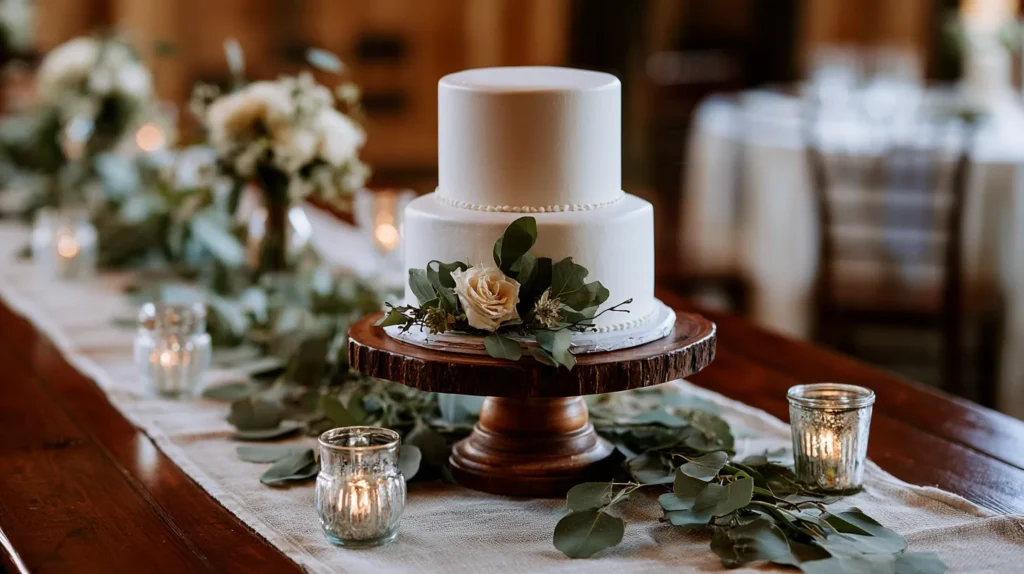 Rustic wedding cake table decorations, two-tier white wedding cake on a rustic wooden cake stand, linen runner stretched the length of the table, eucalyptus garland lying on the linen runner, thrifted glass candle holders, small cream flowers, warm barn reception background, soft golden light, cozy romantic mood, simple DIY elegance, realistic textures, balanced composition, no people, no readable text, no watermark