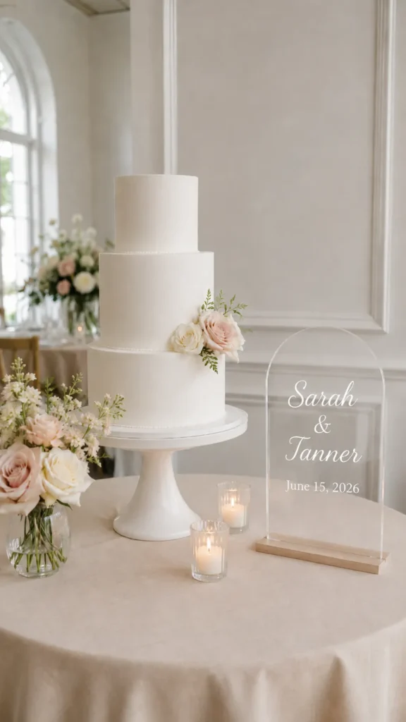 Modern minimalist wedding cake table display, sleek white cake on a matte white pedestal, soft beige tablecloth, clear glass votive candles, small floral arrangement in blush and cream, acrylic cake sign with no readable text, clean bright reception room, elegant budget-friendly styling, soft natural light, upscale but simple wedding decor, no people, no words, no watermark