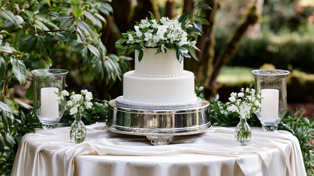 Outdoor garden wedding cake table decorations, white wedding cake on a vintage silver cake stand, flowing ivory table linen, small bud vases with white flowers, greenery along the back edge of the table, battery candles in glass hurricanes, leafy garden backdrop, soft afternoon light, romantic affordable wedding styling, photo-ready dessert table, no people, no readable text, no watermark