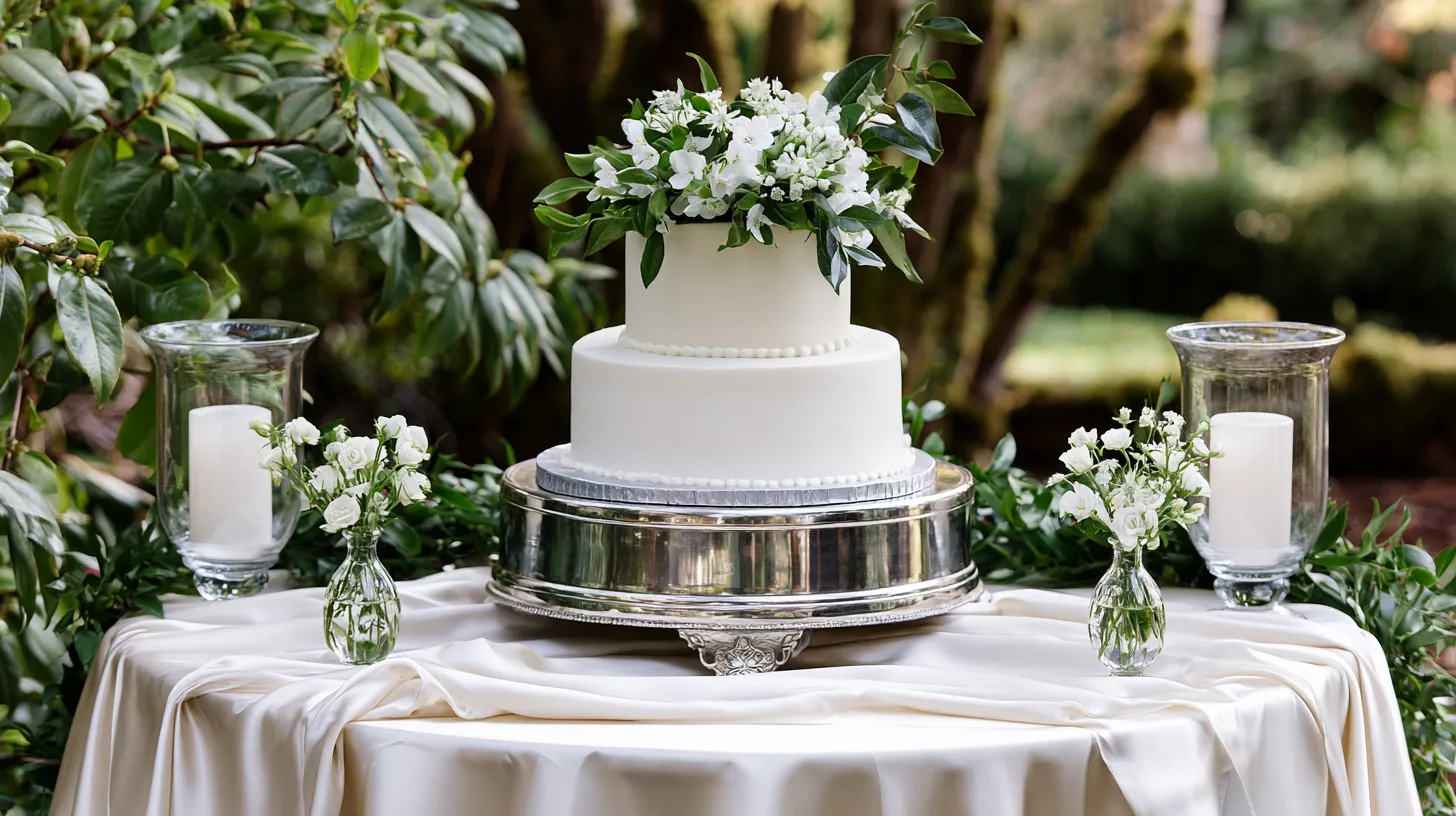 Outdoor garden wedding cake table decorations, white wedding cake on a vintage silver cake stand, flowing ivory table linen, small bud vases with white flowers, greenery along the back edge of the table, battery candles in glass hurricanes, leafy garden backdrop, soft afternoon light, romantic affordable wedding styling, photo-ready dessert table, no people, no readable text, no watermark
