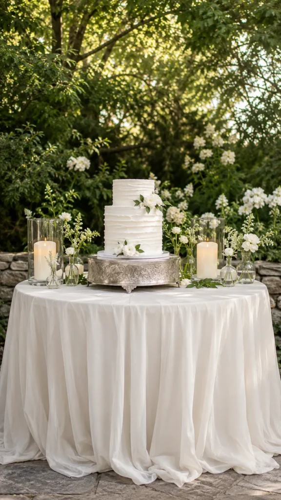 Outdoor garden wedding cake table decorations, white wedding cake on a vintage silver cake stand, flowing ivory table linen, small bud vases with white flowers, greenery along the back edge of the table, battery candles in glass hurricanes, leafy garden backdrop, soft afternoon light, romantic affordable wedding styling, photo-ready dessert table, no people, no readable text, no watermark
