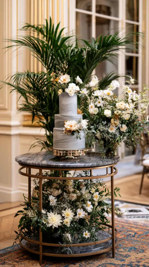 outdoor wedding cake table with decor, garden wedding