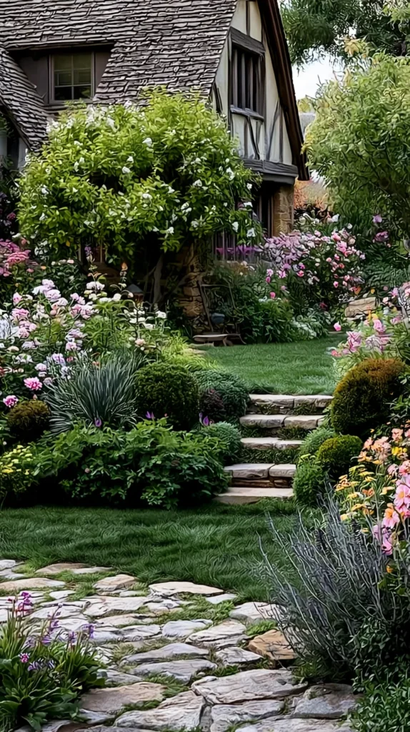 charming cottage garden, stone steps