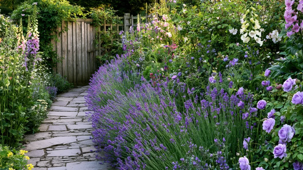 lush English cottage garden with a narrow curved stone path, overflowing borders of lavender, foxgloves, hollyhocks, roses, and wildflowers, soft climbing vines on a weathered wooden gate, cozy storybook garden aesthetic, layered flowers, romantic countryside mood, golden hour light, natural textures, whimsical but realistic, editorial garden photography, no people, no text, no watermark