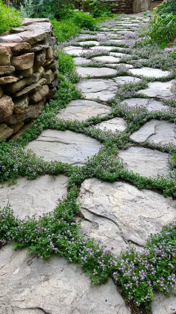 irregular large natural stone paver walkway with soft organic gaps between each stone, low rustic stacked stone retaining wall on the left, lush green garden edges, the spaces between the pavers filled with dense creeping thyme ground cover instead of flowers, cozy cottage garden aesthetic, natural landscaping, soft layered texture, realistic outdoor garden photography, charming and slightly whimsical, muted earthy tones, detailed stone texture, no people, no text, no watermark