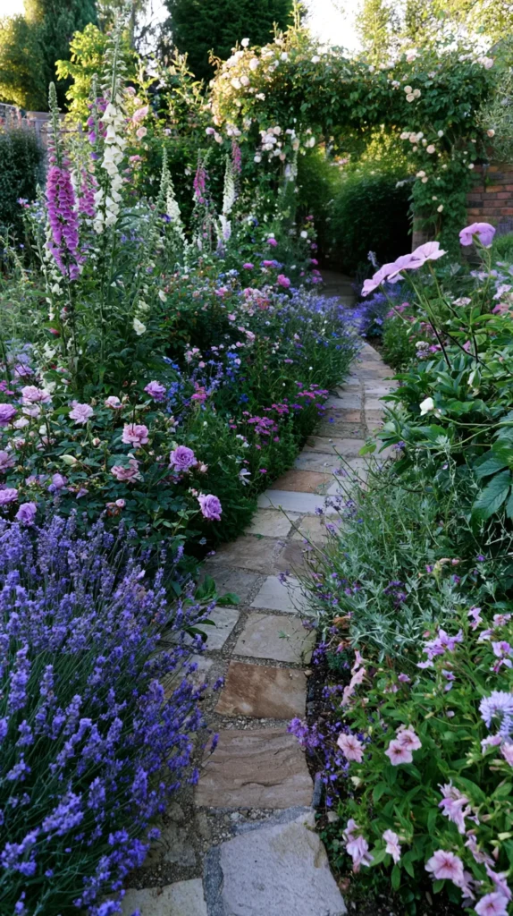lush English cottage garden with a curved stone path, overflowing borders of lavender, foxgloves, hollyhocks, roses, and wildflowers, soft climbing vines on a weathered wooden gate, cozy storybook garden aesthetic, layered flowers, romantic countryside mood, golden hour light, natural textures, whimsical but realistic, editorial garden photography, no people, no text, no watermark