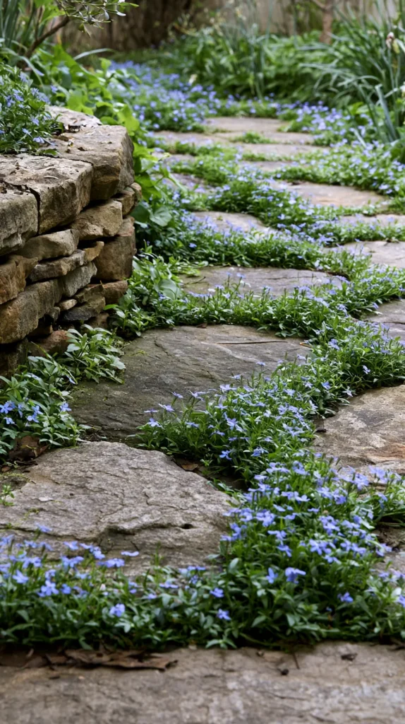 irregular large natural stone paver walkway with soft organic gaps between each stone, low rustic stacked stone retaining wall on the left, lush green garden edges, the spaces between the pavers filled with dense blue star creeper ground cover with tiny soft blue blooms, cozy cottage garden aesthetic, natural landscaping, soft layered texture, realistic outdoor garden photography, charming and slightly whimsical, muted earthy tones, detailed stone texture, no people, no text, no watermark