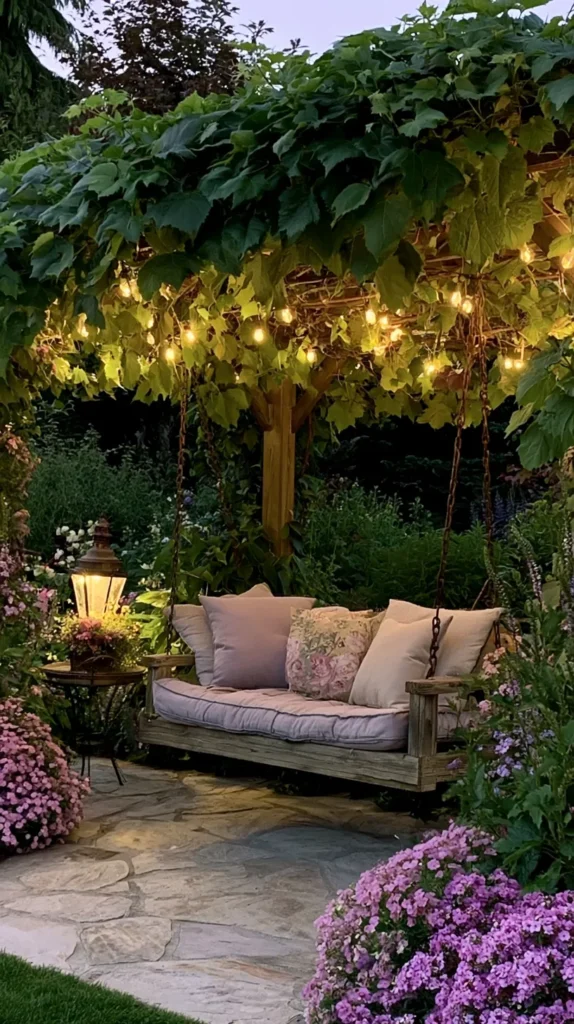 lush cottage garden pergola with a wooden garden swing suspended by chains, thick leafy vines growing over the pergola roof, warm glowing string lights woven through the greenery, cozy cushioned swing seat with soft neutral and floral pillows, natural stone patio beneath, small round side table with a vintage lamp and flowers, layered pink and purple blooms surrounding the space, romantic evening garden atmosphere, intimate outdoor nook, English cottage garden aesthetic, whimsical and cozy, soft dusky light, realistic garden photography, detailed textures, no people, no text, no watermark