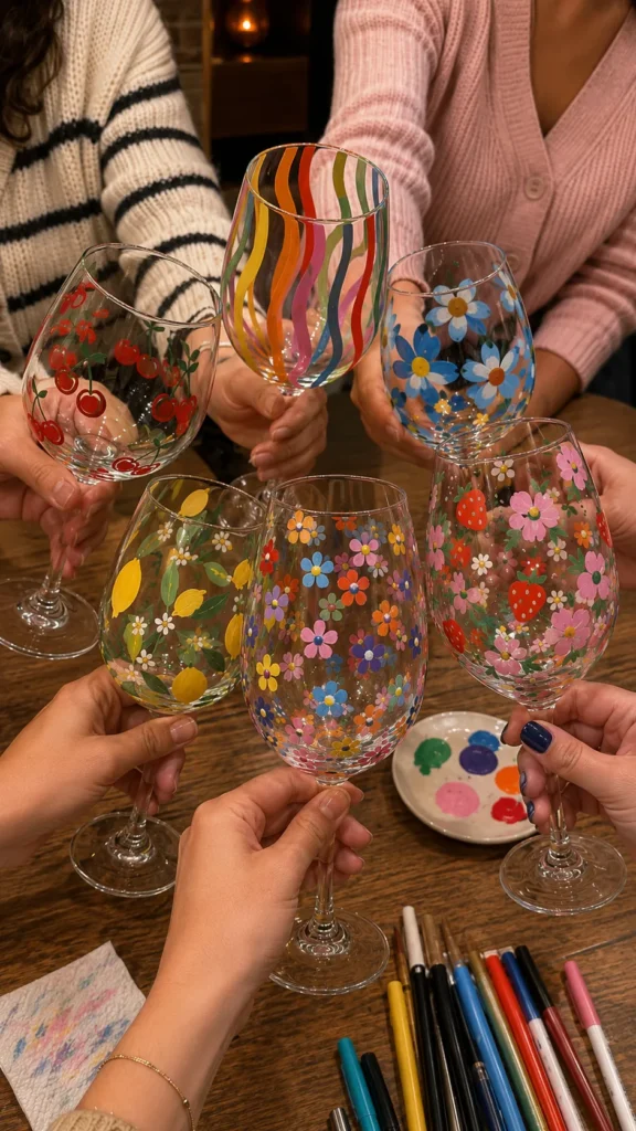 painted wine glasses, hands clinking them together