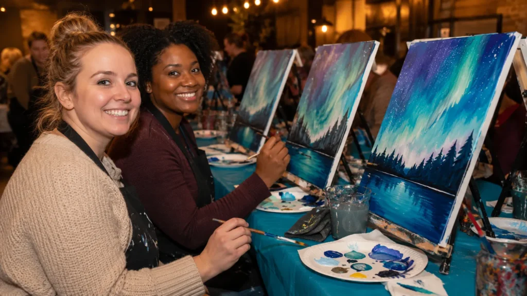 two women painting canvases