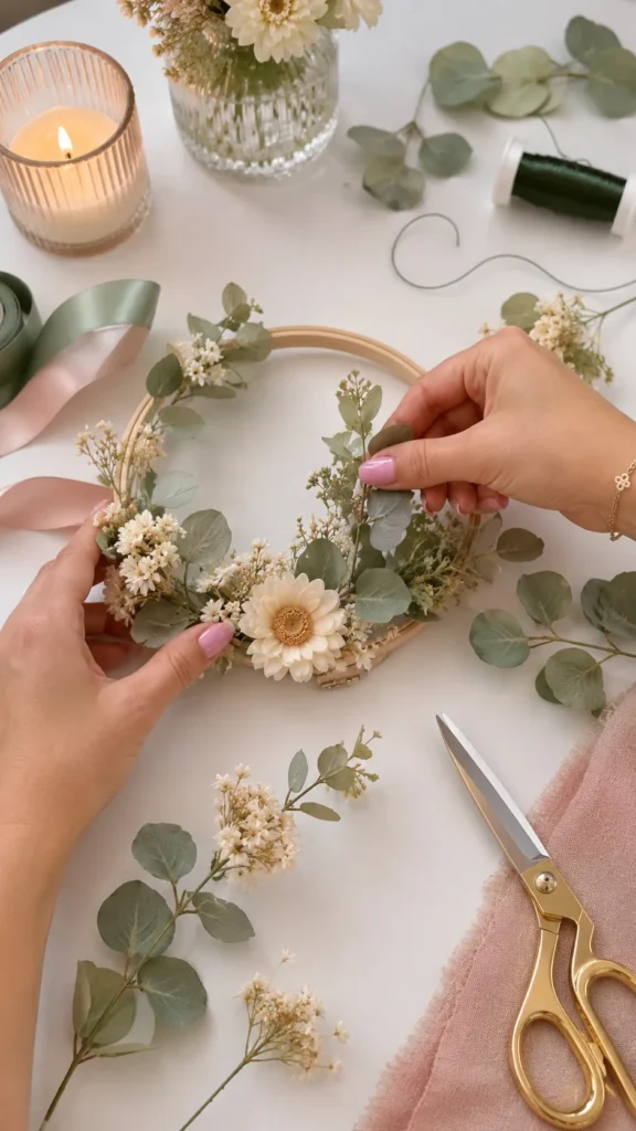 making a wreath with flowers, and wooden loom