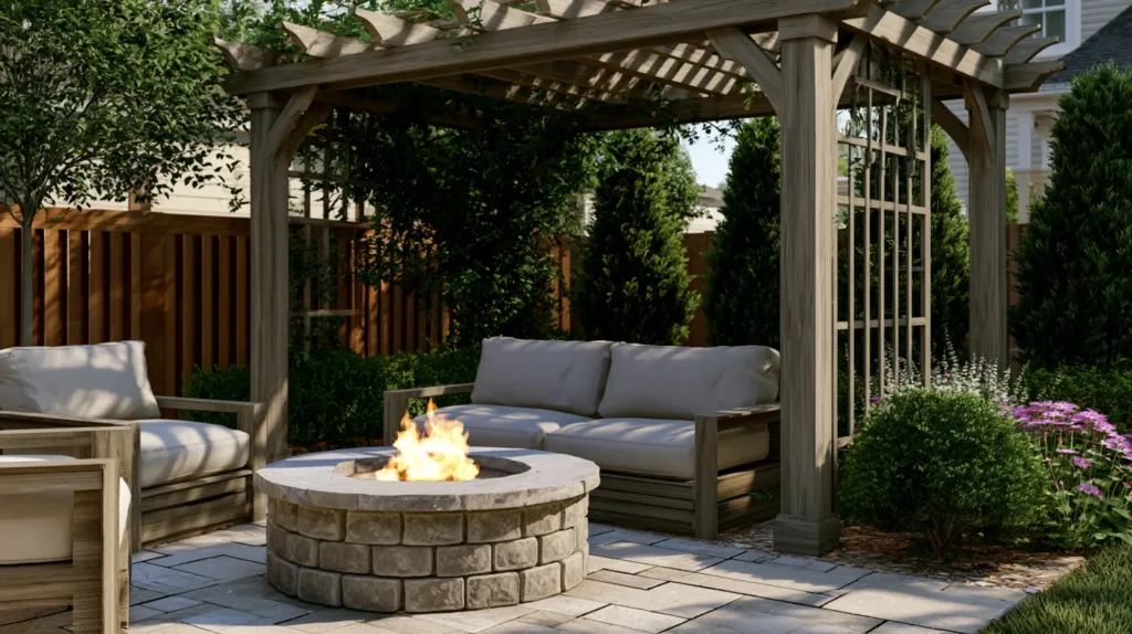 backyard fire pit with an overhead pergola and outdoor seating