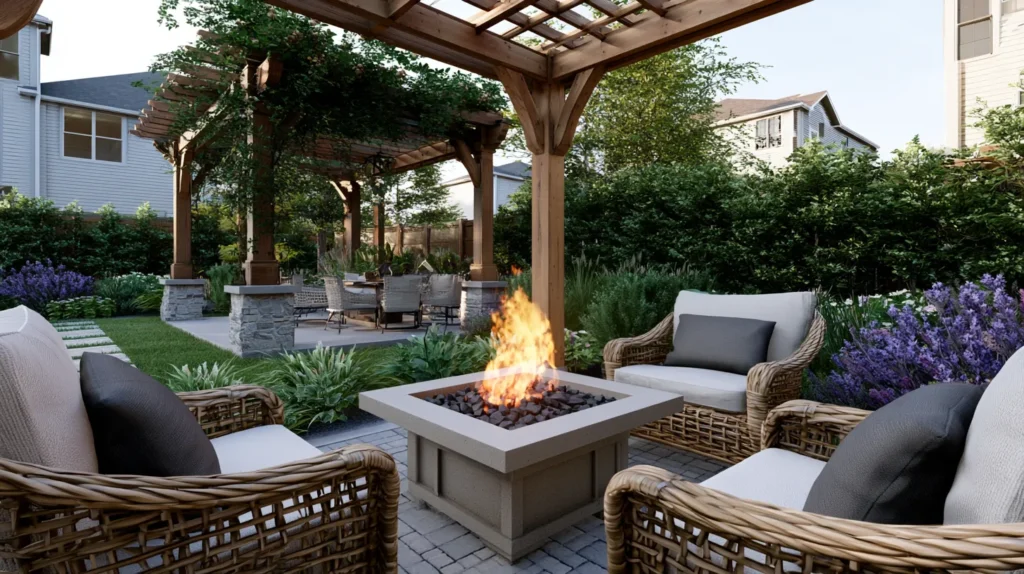 backyard seating and overhang 