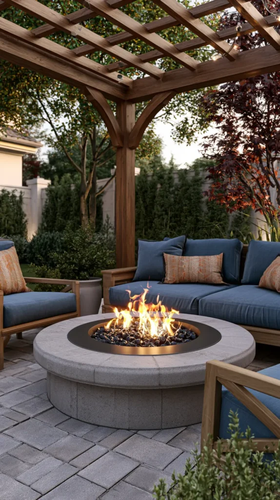 backyard fire pit with an overhead pergola and outdoor seating