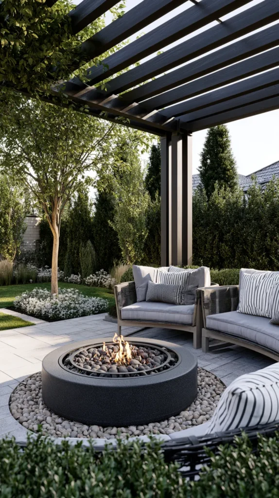 backyard fire pit surrounded with a pergola and outdoor seating